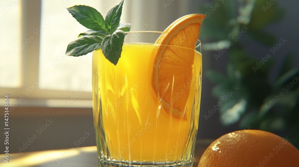 Poster a close-up of freshly squeezed orange juice served in a tall glass, garnished with a sprig of mint a