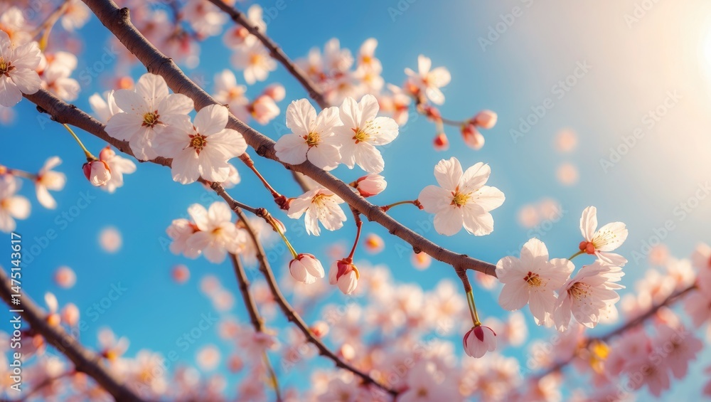 Poster spring cherry tree branches in full bloom with sunlight and a light blue sky backdrop with copy spac