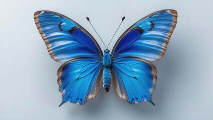 Solitary blue butterfly on a white surface