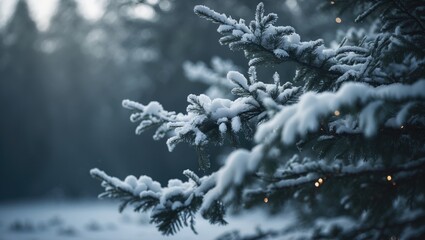 Obraz premium Snow-dusted evergreen boughs glowing softly with mist