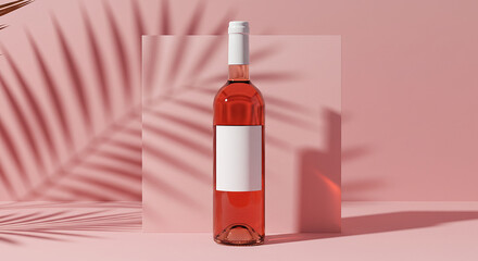 Rose wine bottle mockup with blank label on pink background and palm leaf shadow