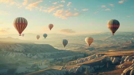 Fototapeta premium View of several beautiful hot air balloons flying high in the sky. Generated AI image