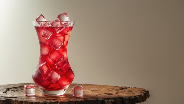 Iced hibiscus tea set on a wooden tabletop with a plain background