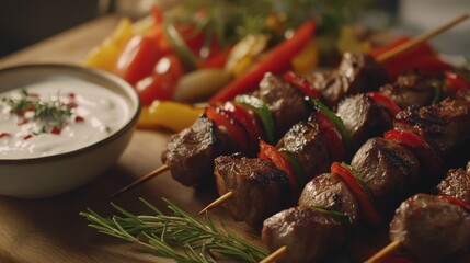 A close-up of lamb kebabs served on a rustic wooden board, accompanied by fresh vegetables and a small bowl of yogurt sauce for dipping.