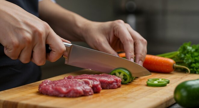 Side shot of same knife used for vegetables and raw meat without washing, close-up on hands and food, strong food safety error illustration