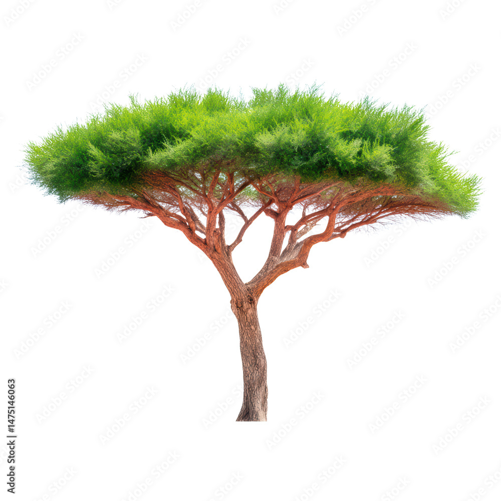 Poster lush green tree with broad canopy and unique branch structure in nature, isolated on transparent bac