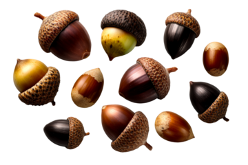 Various acorns on a transparent background ready for use
