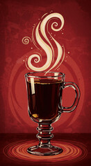 Artistic Illustration of Hot Drink in Glass with Steam on Textured Burgundy Background - Beverage Art
