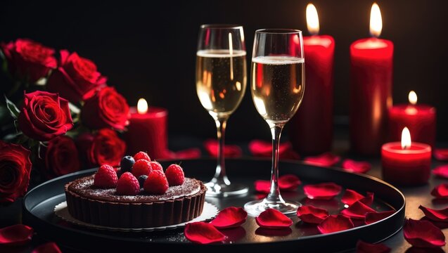 Party tray with champagne, chocolate raspberry cake, candles, and red roses