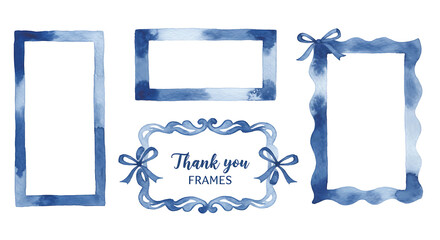 Set of blue watercolor frames, hand-painted decorative borders for invitations, cards, and design projects
