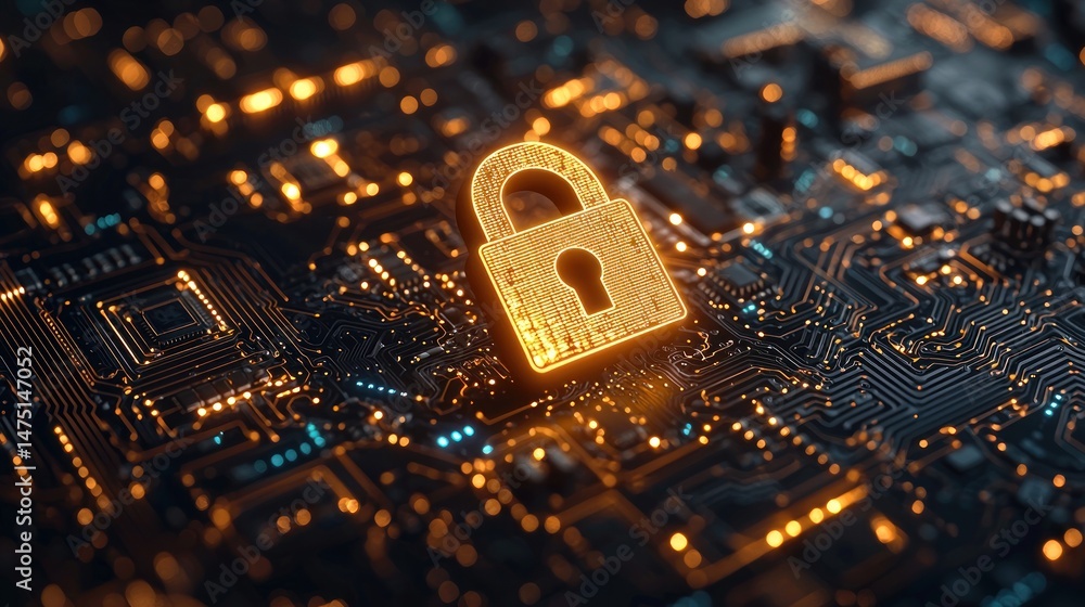 Poster cybersecurity concept with glowing padlock on circuit board. digital safety and data protection