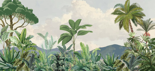 Tropical garden wall Mural Illustration, Tropical Background, Watercolor Background. © Sharif