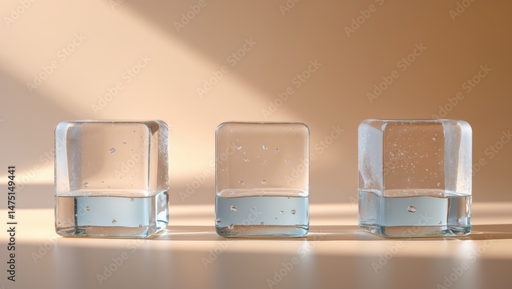 Aufkleber three ice cubes displayed on a pastel background. conceptual artwork. minimal surrealism. flat lay p