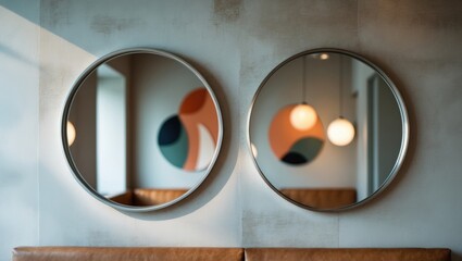 Modern decor featuring two round mirrors with silver frames on textured stone surface
