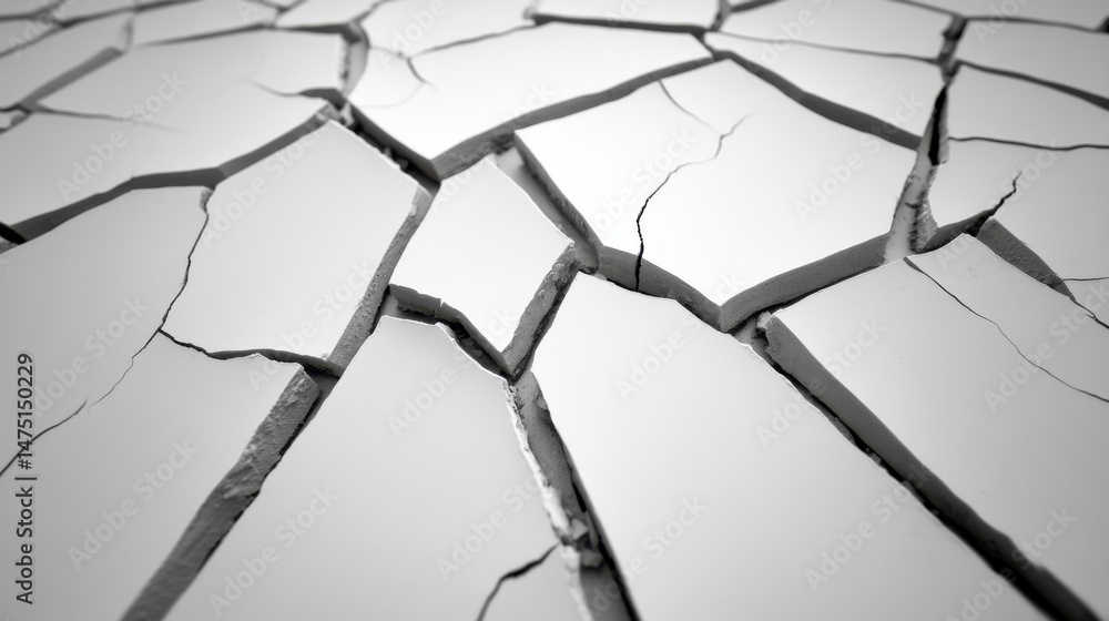 Poster close up of cracked white surface showing fragmentation and damage in a minimalist black and white s