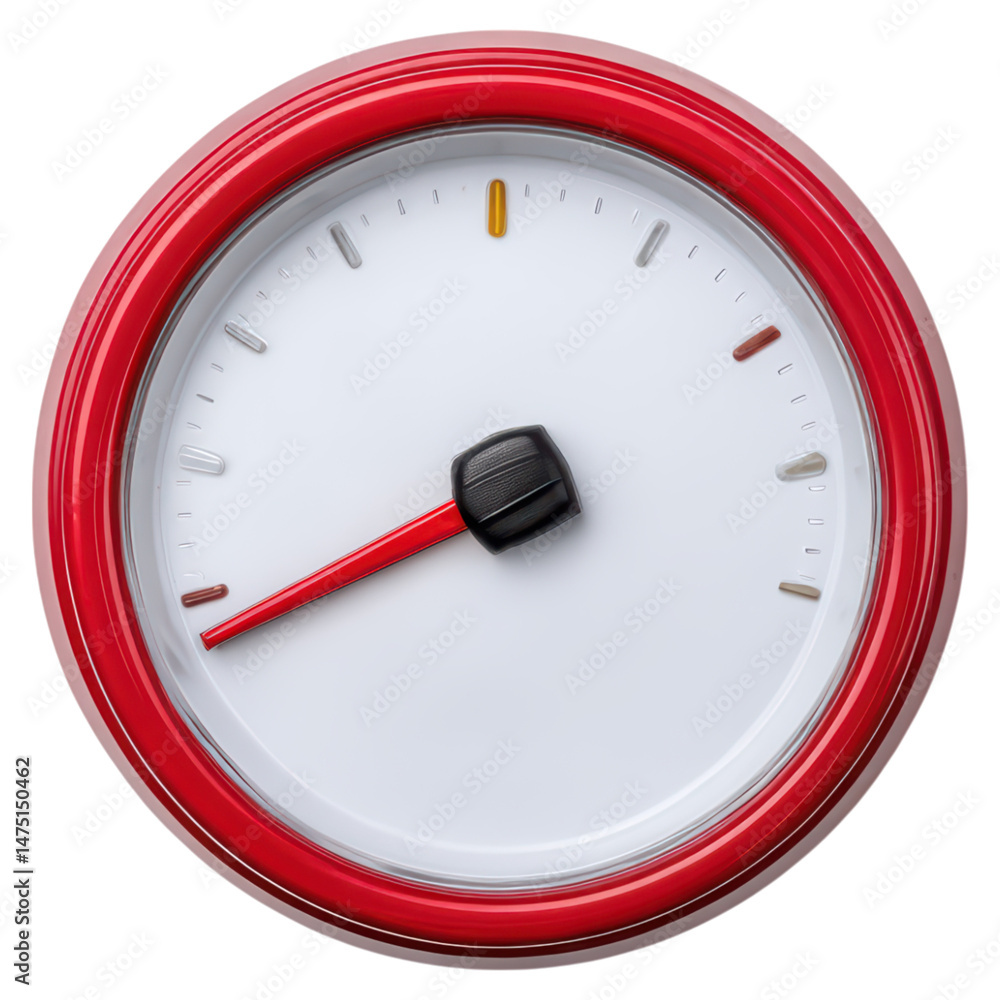 Poster pressure gauge red dial with pointer showing measurement level, isolated on transparent background.