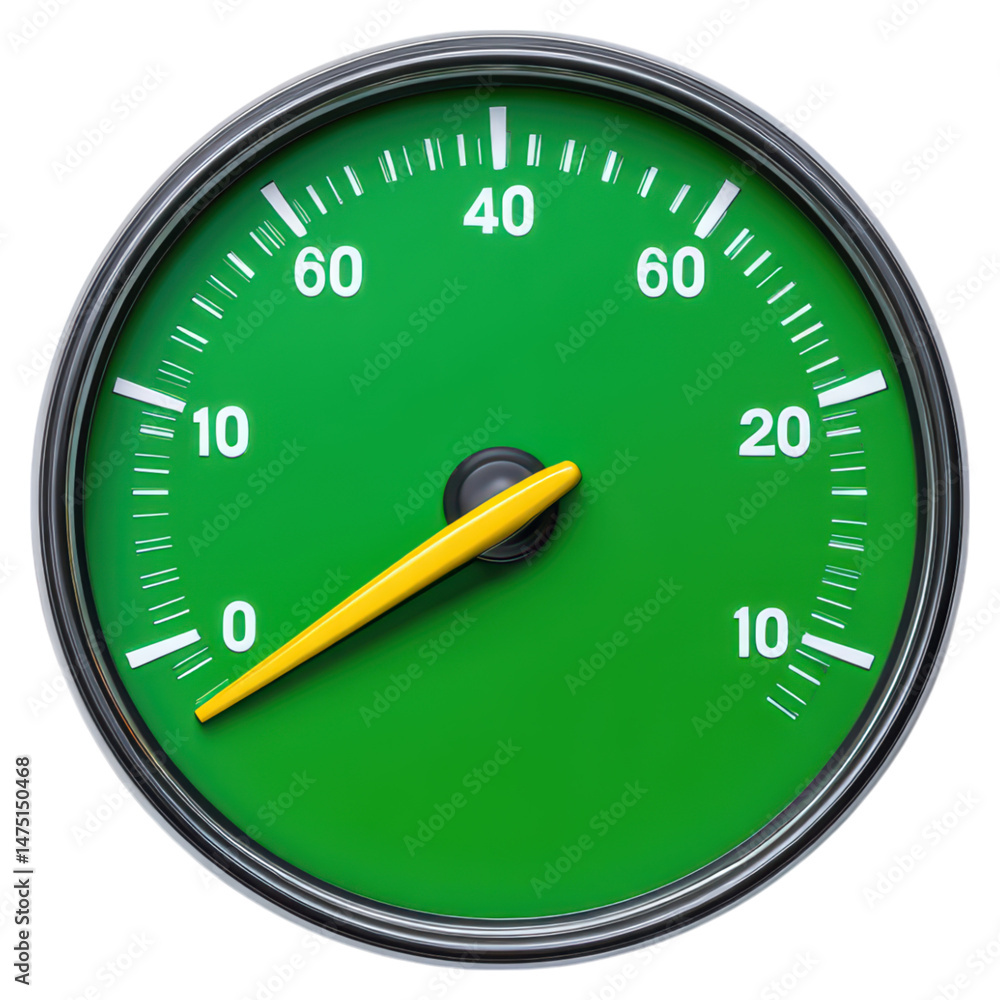 Poster green gauge with yellow pointer indicating measurement levels and readings, isolated on transparent 
