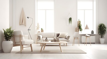Fototapeta premium Modern interior design of living room with white sofa and plant