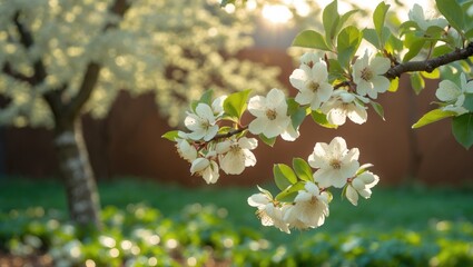 Obraz premium Tree blossoms bloom beautifully against a sunny sky, with green leaves and brown tree trunks in the background.