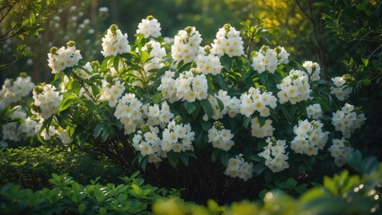 Obraz premium Close-up of white flowers on a shrub during springtime
