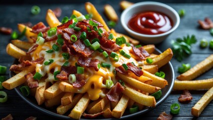 Crispy fried potatoes garnished with bacon, cheese, and herbs
