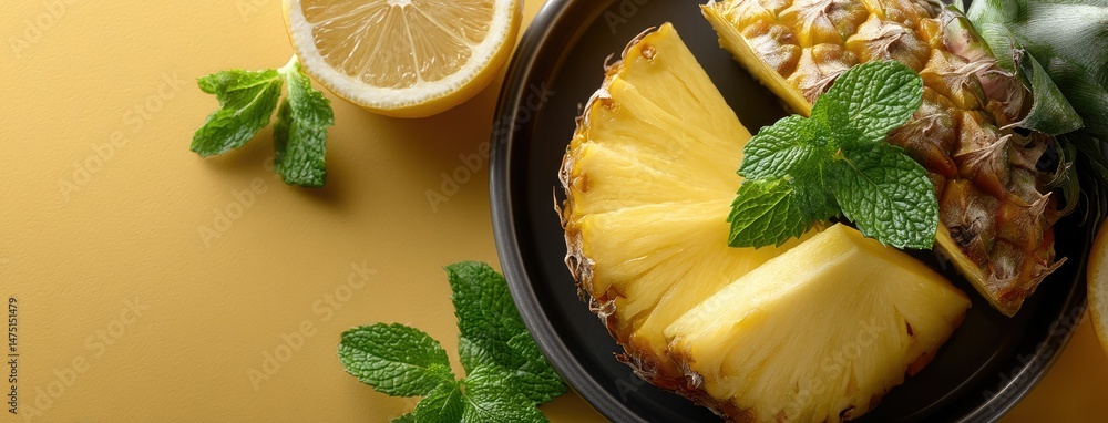 Poster fresh tropical pineapple slices and mint leaves on a white background create a vibrant flat lay with