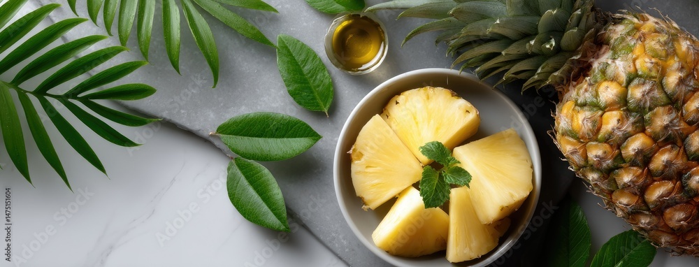 Aufkleber fresh tropical pineapple slices and mint leaves on a white background create a vibrant flat lay with