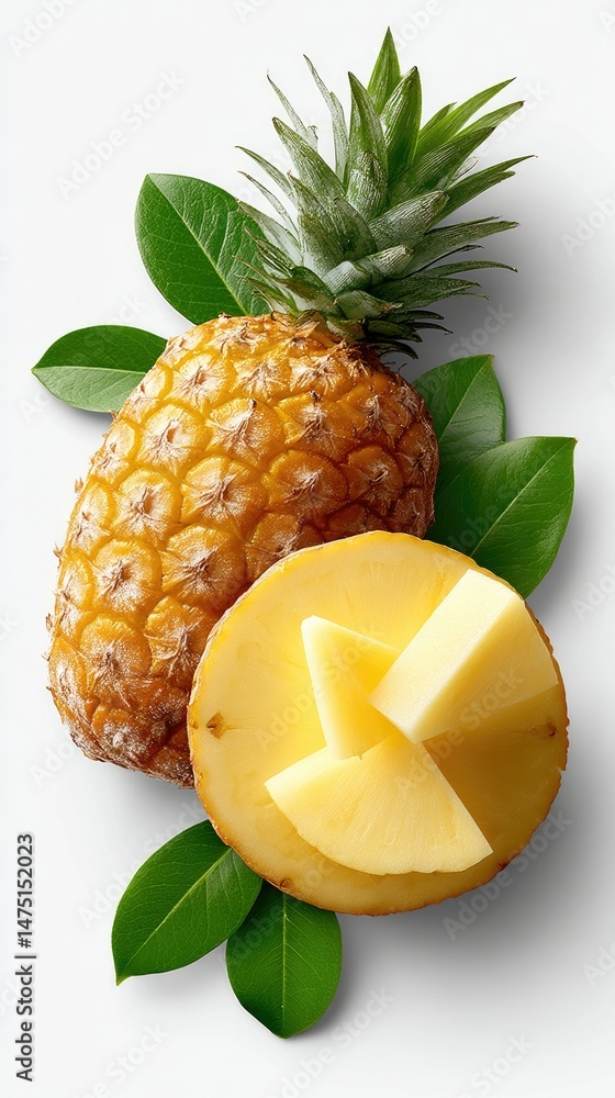Aufkleber fresh tropical pineapple slices and mint leaves on a white background create a vibrant flat lay with