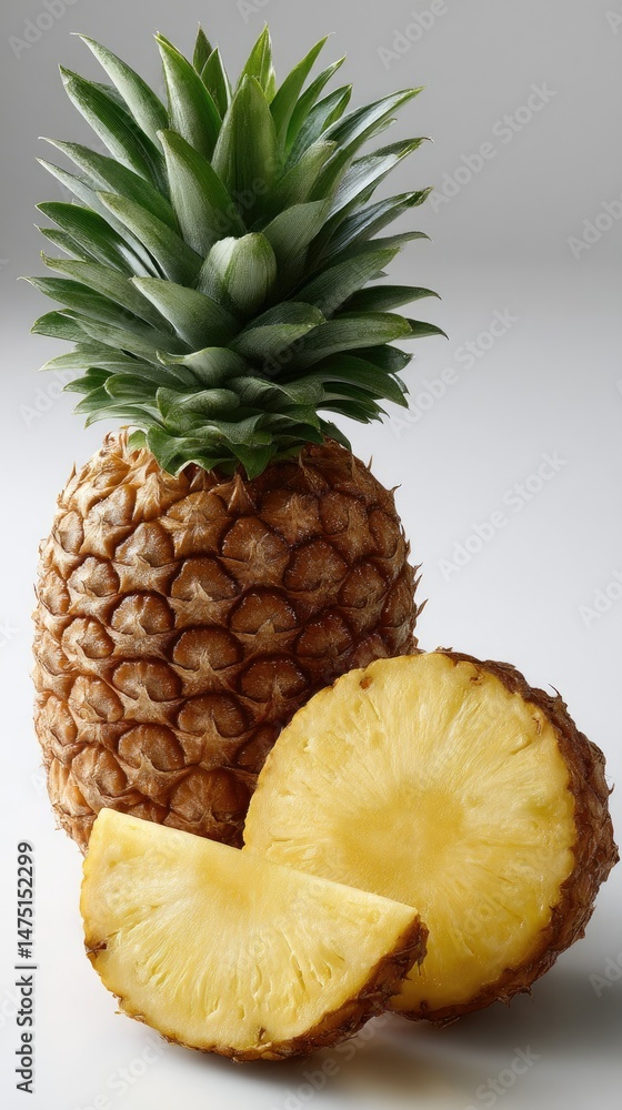 Aufkleber fresh tropical pineapple slices and mint leaves on a white background create a vibrant flat lay with