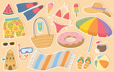 Set of cute summer stickers isolated on beige background. Illustration with beach shorts, umbrella, ball, mat, sandcastle, diving mask, coctail, ice cream, flip-flops.