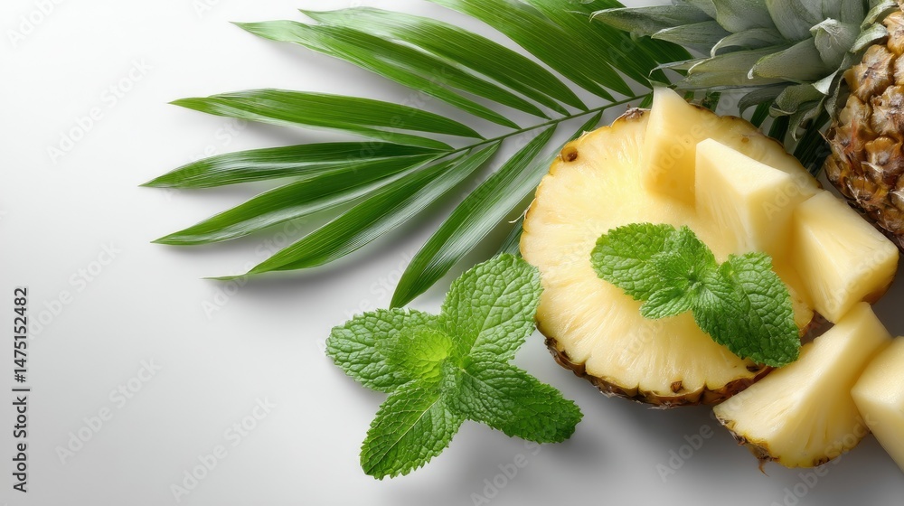 Poster fresh tropical pineapple slices and mint leaves on a white background create a vibrant flat lay with