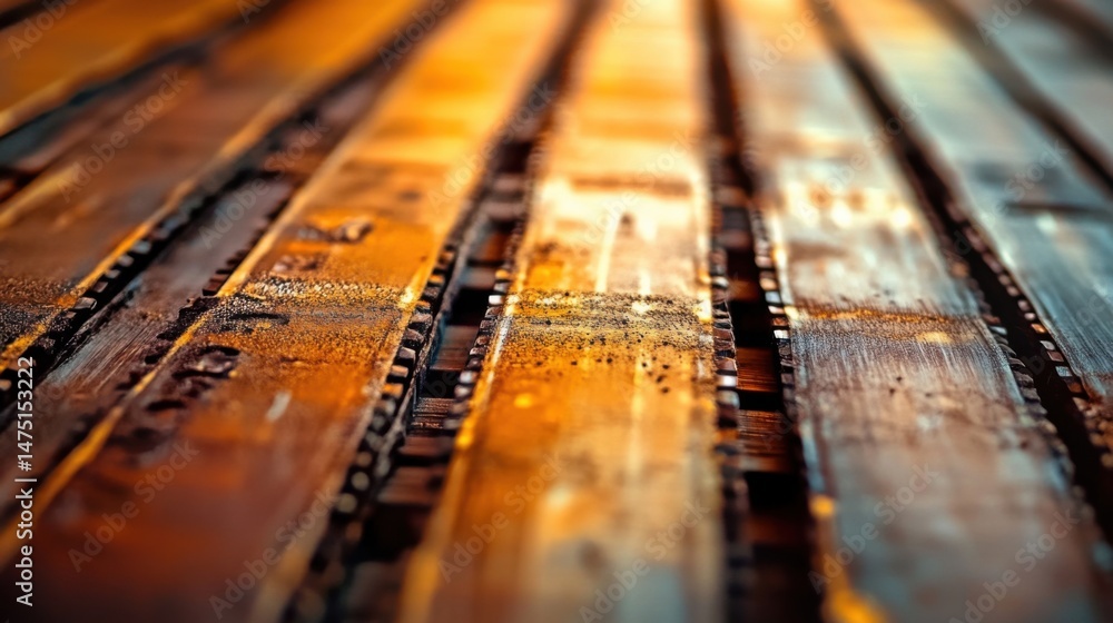 Poster close up of old film strips showing texture and aging process in studio lighting with shallow depth 