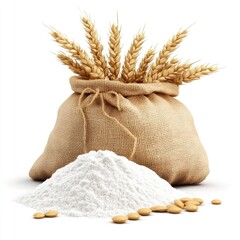 Wheat flour in a burlap sack with wheat stalks.