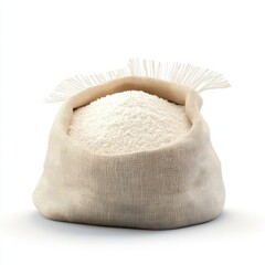 Flour in a natural burlap sack against a white background.