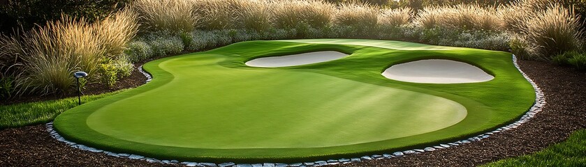 A private putting green with undulating terrain, surrounded by ornamental grasses and solar path lights.