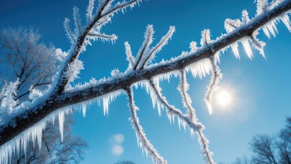 Sunlit icy tree branches in a cold winter background