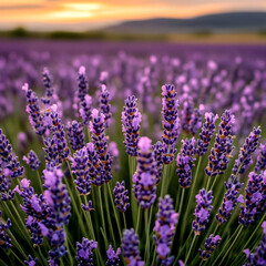 Obraz premium A field of lavender captured at sunset with golden light and dreamy soft focus 