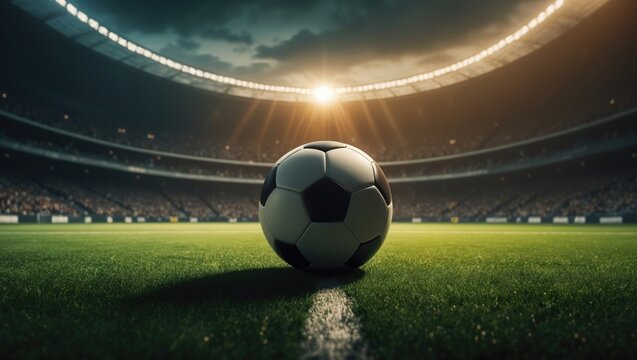 Season kickoff of sports events with a traditional soccer ball on a grass football field at stadium under spotlight. Focus on sport, creativity, energy, power. Advertising poster design concept.