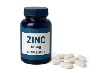 A blue bottle of zinc supplement with a label indicating it contains 50 mg, surrounded by several white tablets. Concept Zinc Supplement Design, Blue Bottle Aesthetics, Dosage Information