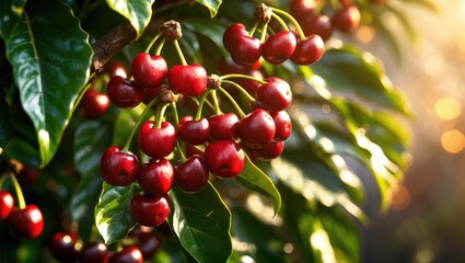 Detailed view of harvesting fresh red coffee beans by hand on a coffee plantation