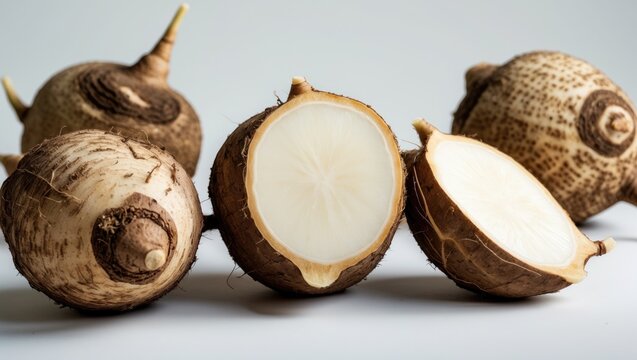Whole and sliced taro, yautia, and gabi from Caribbean farm, close-up
