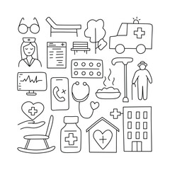 Elderly care. doodle icons set. Isolated, on white background.