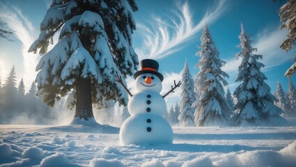 Obraz premium Winter landscape featuring a snow-laden tree and a happy snowman, embodying the season's charm