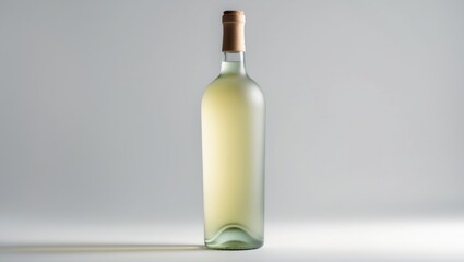 Front-facing image of an etched white wine bottle without a label or cork, set against a white surface