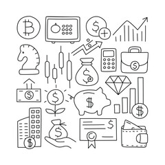 Investments. Doodle icon set. Isolated, on white background