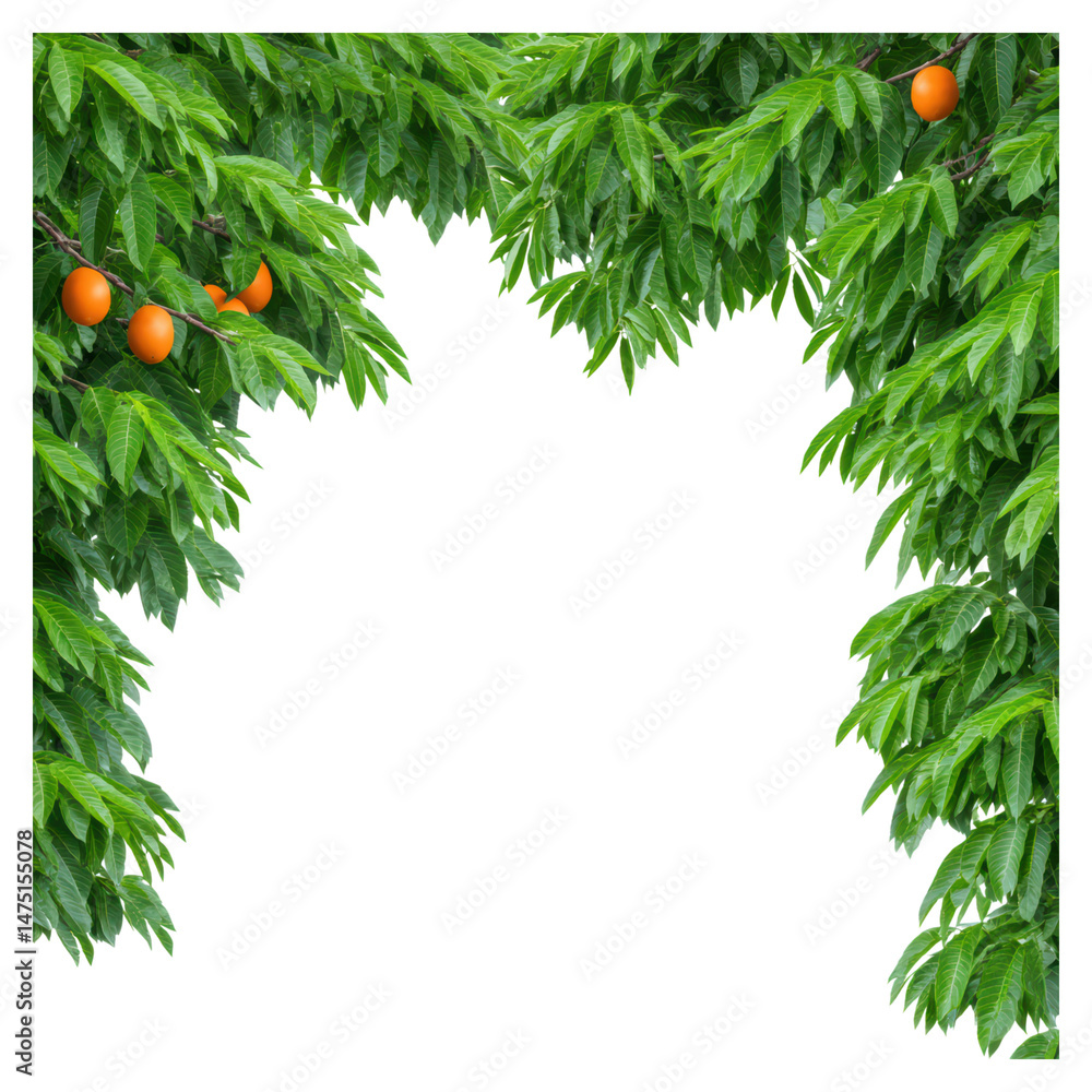Poster lush green leaves with oranges framing a blank space for text or design, isolated on transparent bac