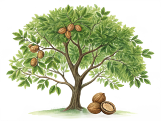 Walnut tree PNG, nut-producing tree PNG, deciduous forest tree PNG, botanical walnut illustration PNG, transparent background image