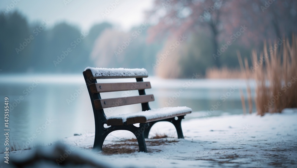 Poster soft focus image of a winter landscape showcasing a snowy bench alongside a tranquil lake enveloped 