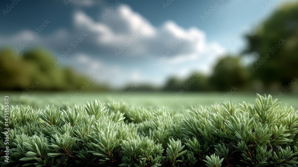 Poster lush green plants dominate the foreground, creating a soft blur that enhances the serene atmosphere.