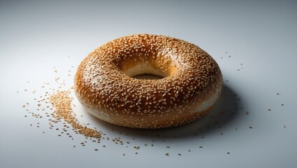 Single sesame seed bagel on a plain white background